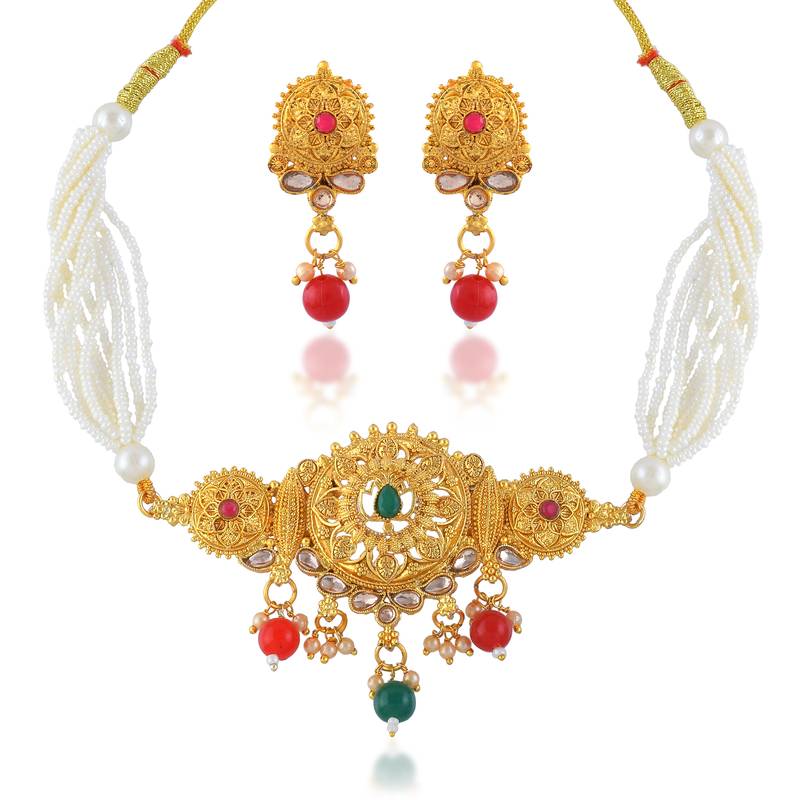 Brass gold pearl beaded necklace set for women