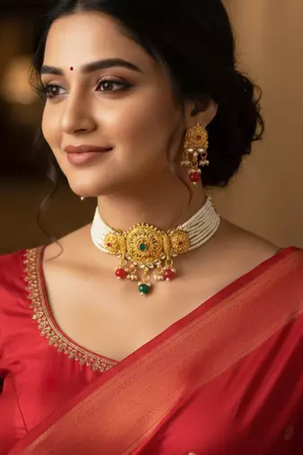 Brass gold pearl beaded necklace set for women