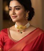 Brass gold pearl beaded necklace set for women