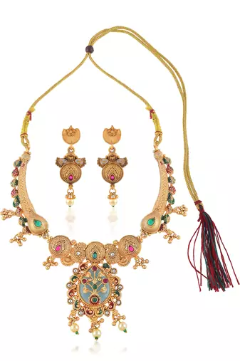Brass micron gold handmade meenakari traditional necklace set for women