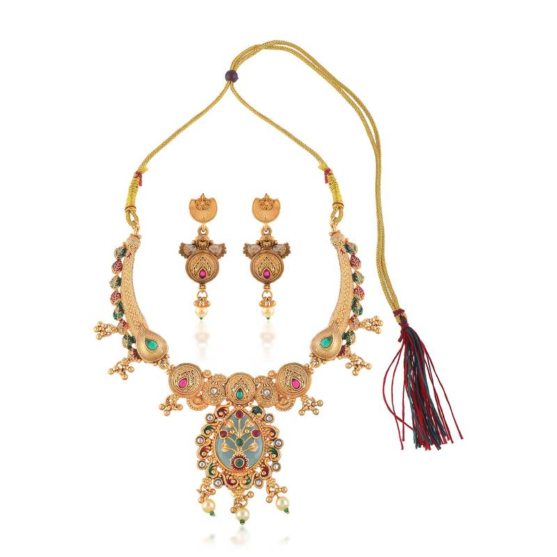 Brass micron gold handmade meenakari traditional necklace set for women