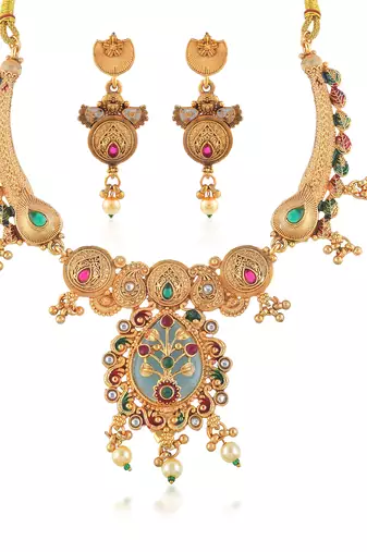 Brass micron gold handmade meenakari traditional necklace set for women