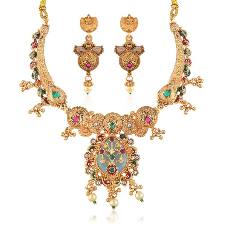 Brass micron gold handmade meenakari traditional necklace set for women