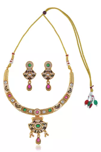 Brass micron gold handmade thewa work necklace set for women