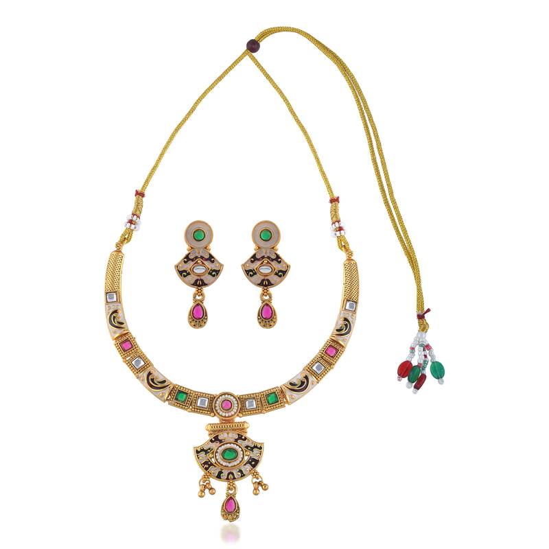 Brass micron gold handmade thewa work necklace set for women