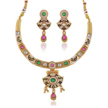 Brass micron gold handmade thewa work necklace set for women 3