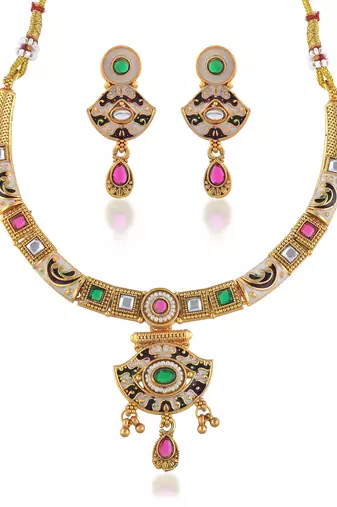Brass micron gold handmade thewa work necklace set for women