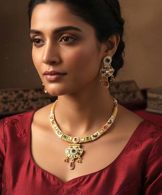 Brass micron gold handmade thewa work necklace set for women 1
