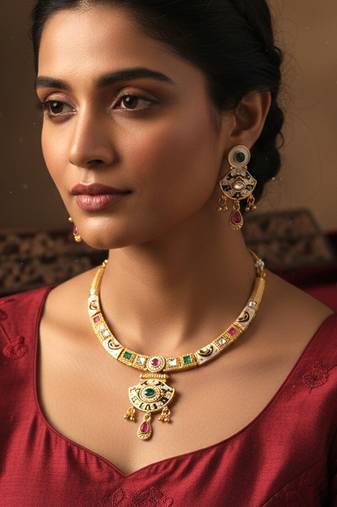 Brass micron gold handmade thewa work necklace set for women