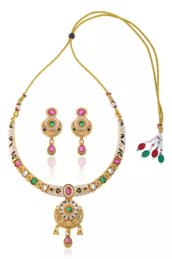 Brass gold kundan meenakari thewa necklace set for women