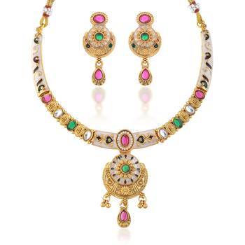 Brass gold kundan meenakari thewa necklace set for women 3