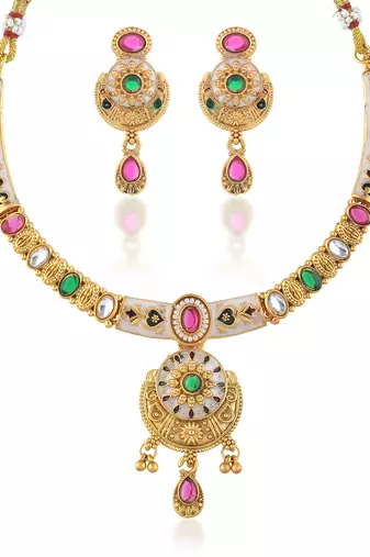 Brass gold kundan meenakari thewa necklace set for women