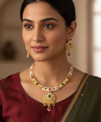 Brass gold kundan meenakari thewa necklace set for women 1