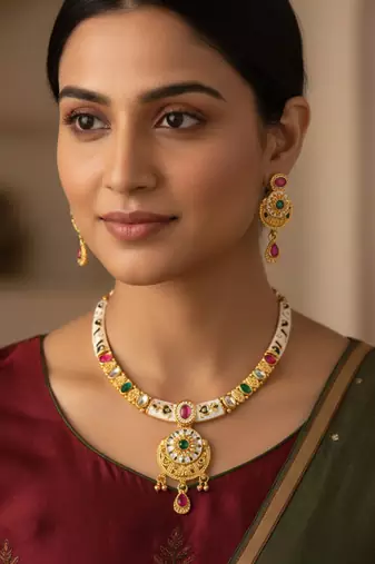 Brass gold kundan meenakari thewa necklace set for women