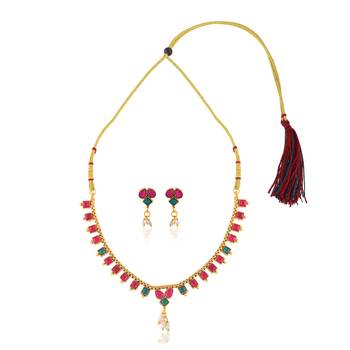 Brass gold imitation ruby emerald necklace set for women 2
