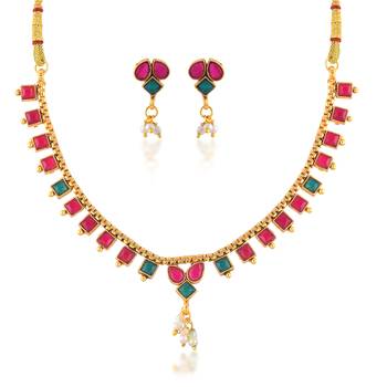 Brass gold imitation ruby emerald necklace set for women 3