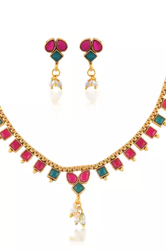 Brass gold imitation ruby emerald necklace set for women