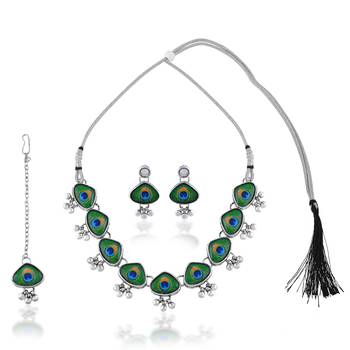 Brass silver plated peacock feather motif necklace set for women 2