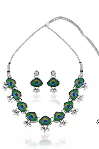 Brass silver plated peacock feather motif necklace set for women