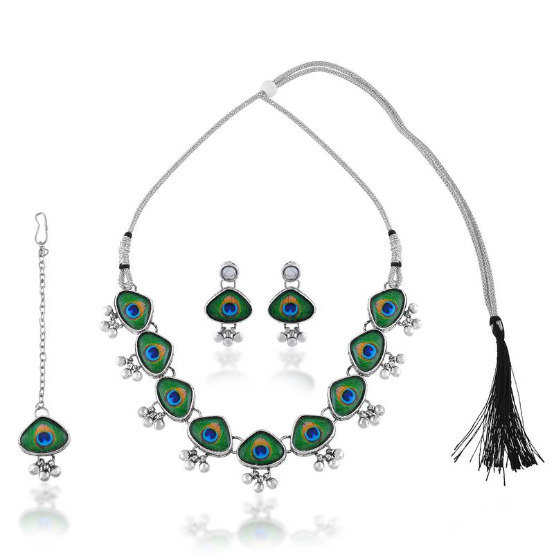 Brass silver plated peacock feather motif necklace set for women