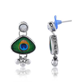 Brass silver plated peacock feather motif necklace set for women 3