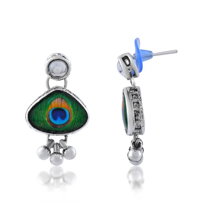 Brass silver plated peacock feather motif necklace set for women