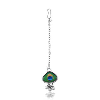 Brass silver plated peacock feather motif necklace set for women 4