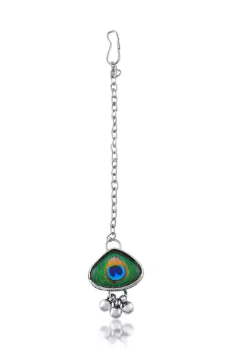 Brass silver plated peacock feather motif necklace set for women