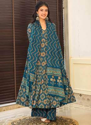 Aqua blue muslin digital print designer salwar suit 1