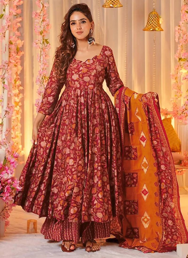 Red muslin digital print designer salwar suit