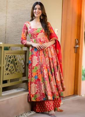 Red muslin digital print designer salwar suit 1