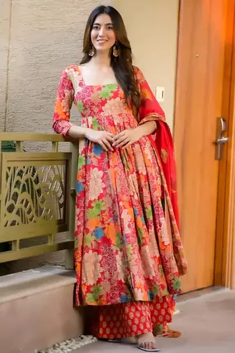 Red muslin digital print designer salwar suit