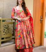 Red muslin digital print designer salwar suit