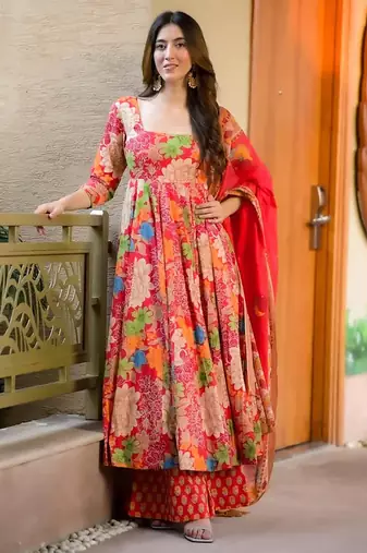 Red muslin digital print designer salwar suit