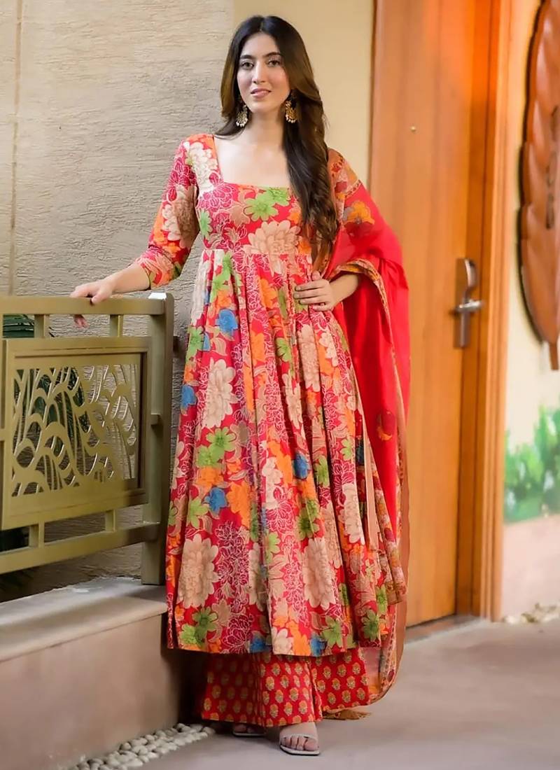 Red muslin digital print designer salwar suit
