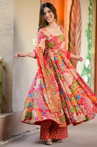 Red muslin digital print designer salwar suit