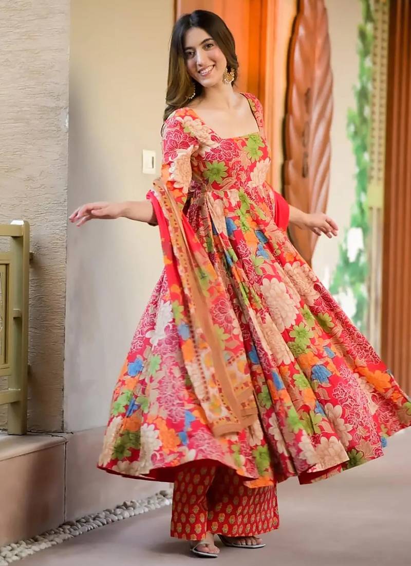 Red muslin digital print designer salwar suit