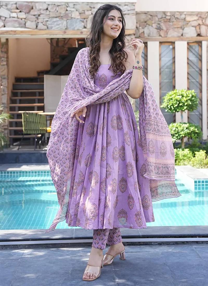 Lavender muslin digital print designer salwar suit