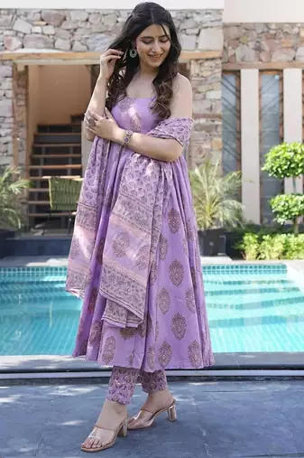 Lavender muslin digital print designer salwar suit