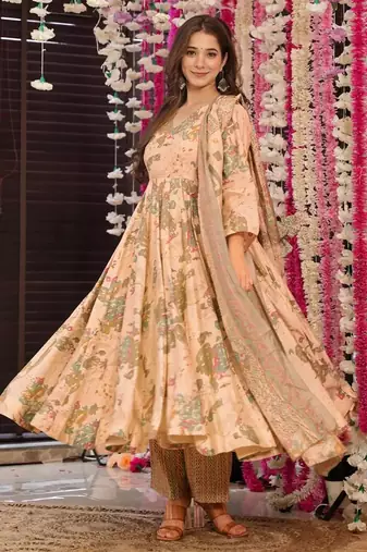 Cream muslin digital print designer salwar suit
