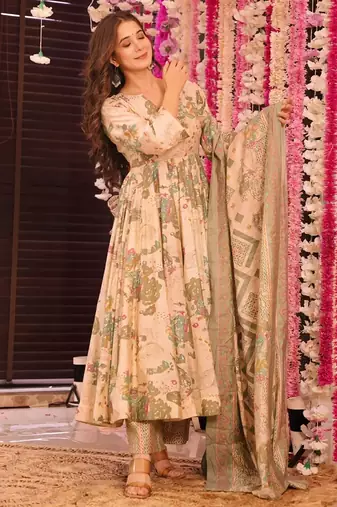 Cream muslin digital print designer salwar suit
