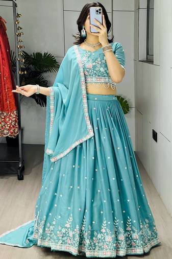 blue georgette thread work lehenga set