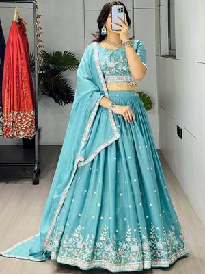 blue georgette thread work lehenga set 2