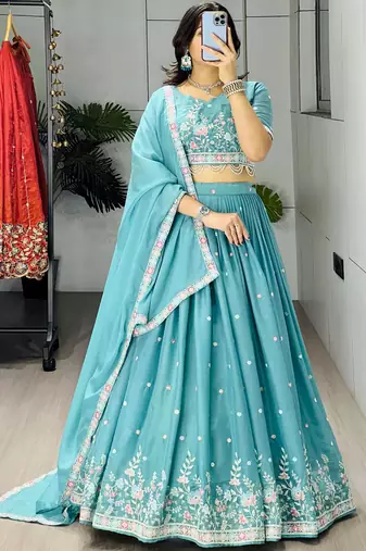 blue georgette thread work lehenga set