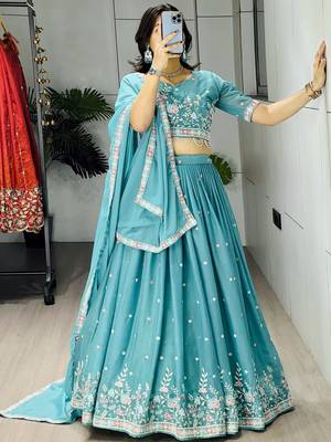 blue georgette thread work lehenga set 3