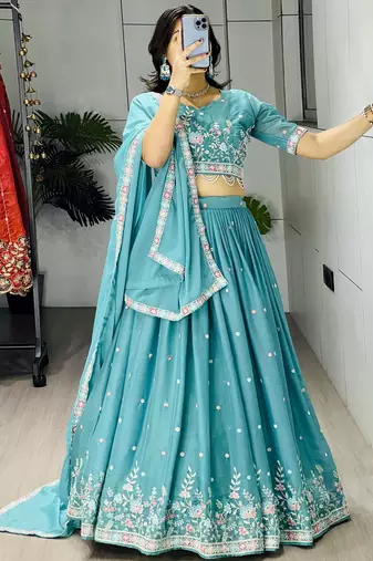 blue georgette thread work lehenga set