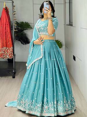 blue georgette thread work lehenga set 4