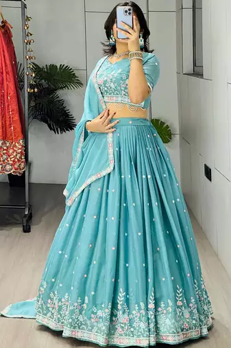 blue georgette thread work lehenga set