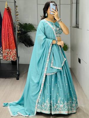 blue georgette thread work lehenga set 5