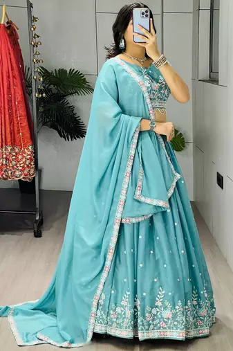 blue georgette thread work lehenga set